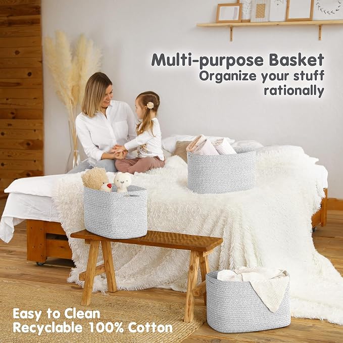 CHAT BLANC Cotton Rope Baskets for Organizing, Shelves, Toys, Storage, Shoe, Bathroom, Laundry, Towel, Nursery, Home Decor, Blanket, Cloth Woven Bins Fabric (Gray7, 15"x10"x9")