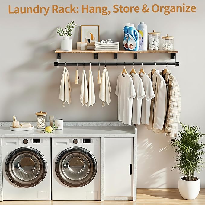 Luxspire 43.3" Wall Mount Clothes Rack with Wood Top Shelf Hanging Clothes | Black + brown, heavy duty rust-resistant metal, extra top shelf decor storage, easy install on wood brick walls