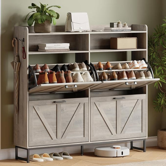 Shoe Cabinet with 4 Flip Drawers, Freestanding Hidden Shoe Storage Organizer for Entryway, Narrow Slim Shoe Rack Cabinet with Open Storage & Hooks for Front Door Entrance, Living Room, Hallway, Grey