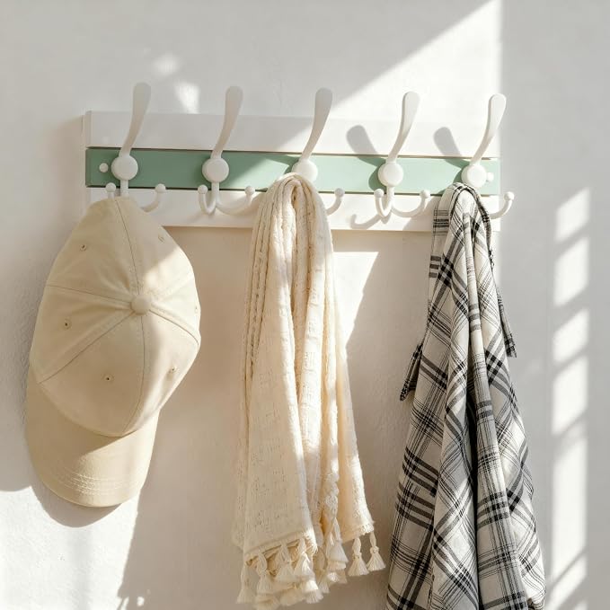 SKOLOO Coastal Wall Mounted Coat Rack - 16-7/8" Beach House Entryway Wooden Coat Hook with 5 Hooks for Hanging Coats, Hats or Towels, Oceanfront Cottage Core Collection, White & Green
