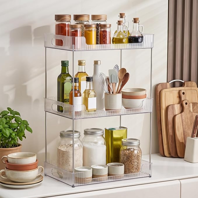 Goderewild 3 Tier Bathroom Counter Organizer, Multi-Purpose Cosmetics Skincare Shelf, Fits A4 Size Makeup Organizer for Office and Vanity Tray, Countertop Storage Solution for Kitchen,Bath.(Clear)