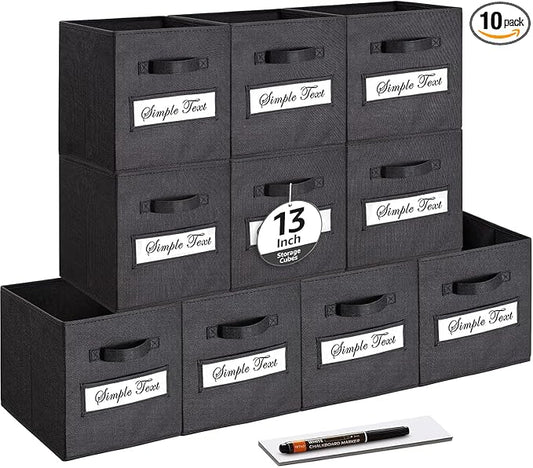 13x13x13 storage cube bins (Set of 10) Fabric storage cubes with 10 Labels Window Cards & a Pen, storage cubes 13x13, Collapsible 13 inch cube storage bins, Cubby Organizer Boxes, Black