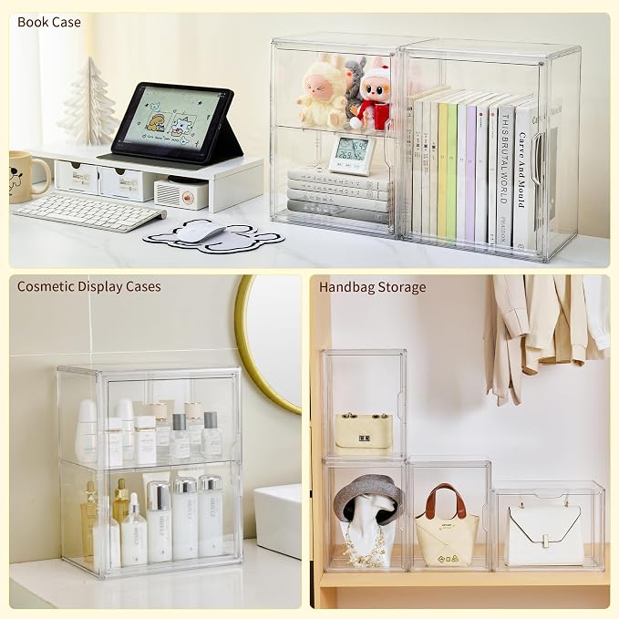 LXLXXL 2 Tier Stackable Acrylic Display Case with Magnetic Lids, 2 Pack | Clear Stackable Bins with Magnetic Lids, Clear Storage Box for Figures and Makeup, Durable Dustproof Display Case Organizer