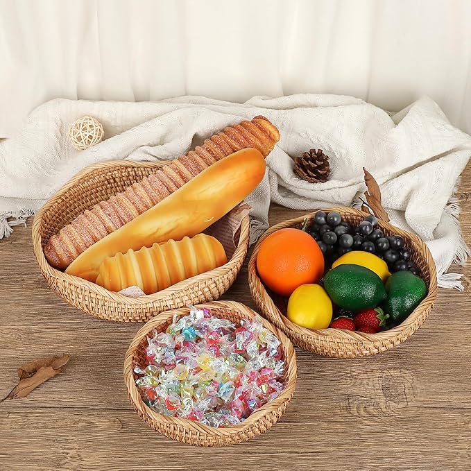 Hipiwe Natural Rattan Tray 8.5" Wicker Storage Bowls Hand Woven Basket Tray for Bread Fruit Key Round Fruit Baskets for Kitchen Entryway Tabletop Decorative Baskets Bowl