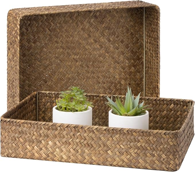 StorageWorks Large Bathroom Baskets, Wicker Storage Baskets for Shelves | Handwoven Seagrass Trays for Decor & Organizing, Shallow Rectangle Wicker Trays for Ottoman and Living Room, 2-Pack, Brown
