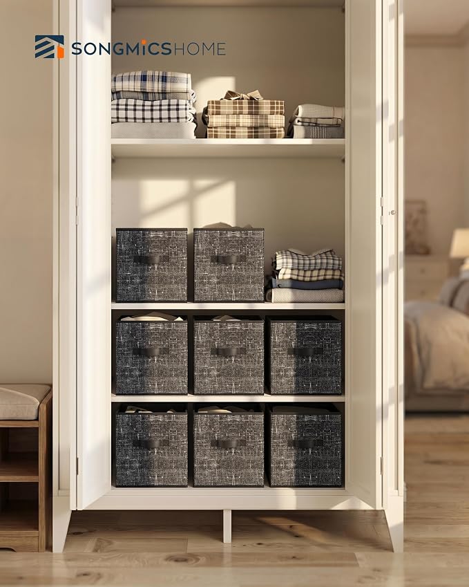 SONGMICS HOME Foldable Storage Cubes Set of 8, Fabric Shelf Organizer Bins with Handles, Closet Storage Boxes for Clothes, 10.4 x 10.4 x 11.2 Inches, Black