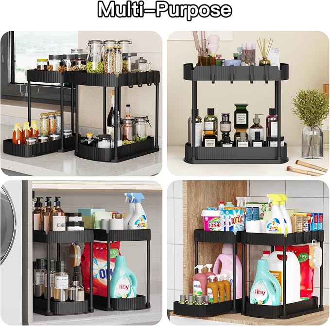 Ukeetap Multi-Purpose Pull-Out Storage Organizers, Under Sink/Cabinet Organizers and Storage for Bathroom & Kitchen, Black, 12.8 Inches, 2 Packs