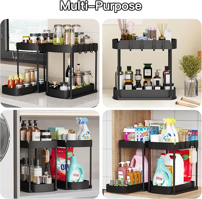 Ukeetap 2 Pack Multi-Purpose Pull-Out Storage Organizers, Under Sink Organizers and Storage for Bathroom & Kitchen, Under Cabinet Organizers and storage, 14.8 Inch, Black