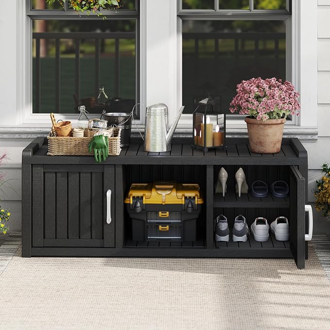 NUNU LAB Shoe Storage Cabinet, Waterproof Shoe Organizer with Adjustable Shelves, UV-Resistant Entryway Shoe Cabinet Bench with 2 Barn Doors for Indoor Outdoor, Foyer, Hallway, Living Room,Black