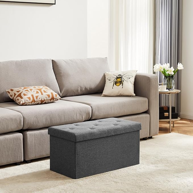 DUMOS 30 Inch Foldable Storage Ottoman Bench, Gray Ottoman with Storage | End of Bed Foot Stool with Foam Padded Seat, Linen Fabric Hidden Storage Chest for Bedroom, Living Room, Loads 660 LBS