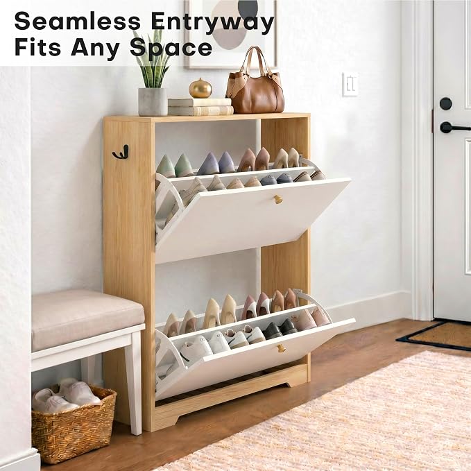 Nicetree Shoe Storage Cabinet with 2 Flip Drawers, Natural Oak and White | Narrow Shoe Organizer, Freestanding Shoe Rack Cabinet, Modern Shoe Storage Cabinet for Entryway, Hallway, Foyer, With Hook