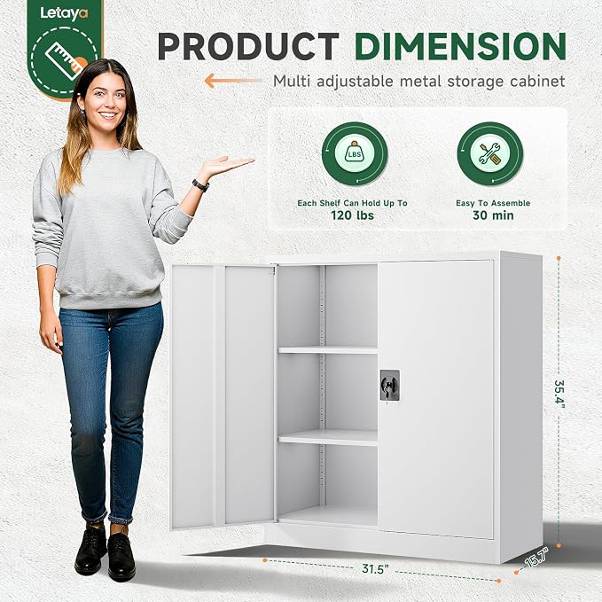 Letaya Metal Storage Cabinets with Lock Door,2 Adjustable Shelves Organizer Steel Storage Cabinets for Home,Office,Warehouse,Garage,Employee Lockers(White)