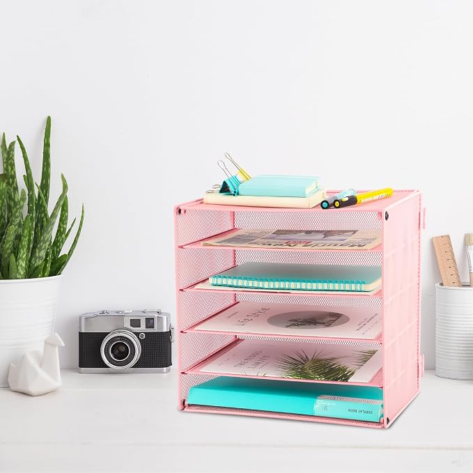 5 Slot Mesh Desk Organizer Tray, File Paper Letter Folder Holder Desktop Paper Sorter Mail Organization Rack Storage Accessories, for Office Home School Classroom, Pink