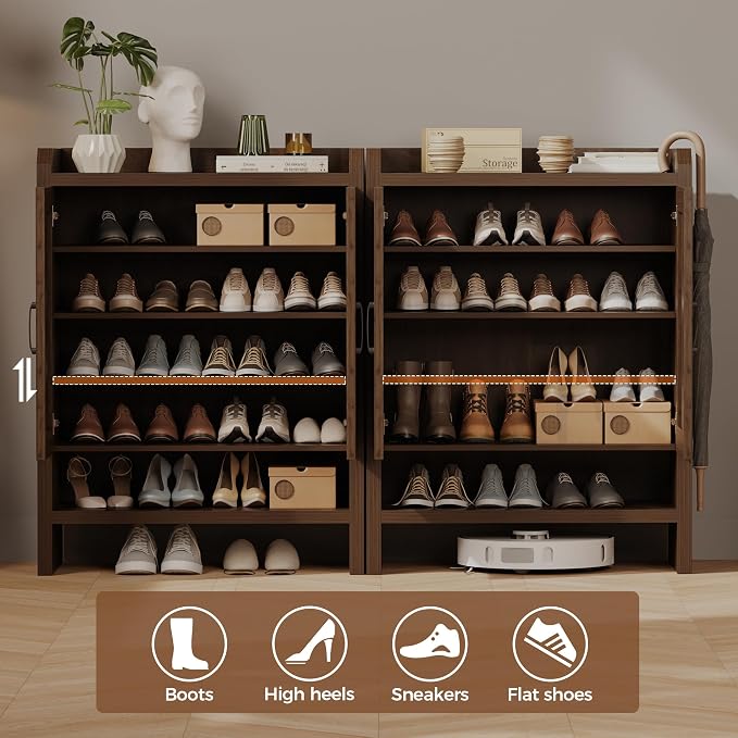 6-Tier Shoe Cabinet Storage for Entryway, Rattan Shoes Organizer Cabinets with Doors, Wooden Shoe Rack, Farmhouse Boho Wood Storage Cabinet (Walnut, 6-Tier)