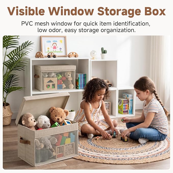 StorageWorks Fabric Storage Bins with Lids, Large Closet Storage Bins | Flip-Top Lid, Clear Window, Handles, Collapsible, for Clothes Blankets Books, Closet Box, Brown and Beige, 2-Pack