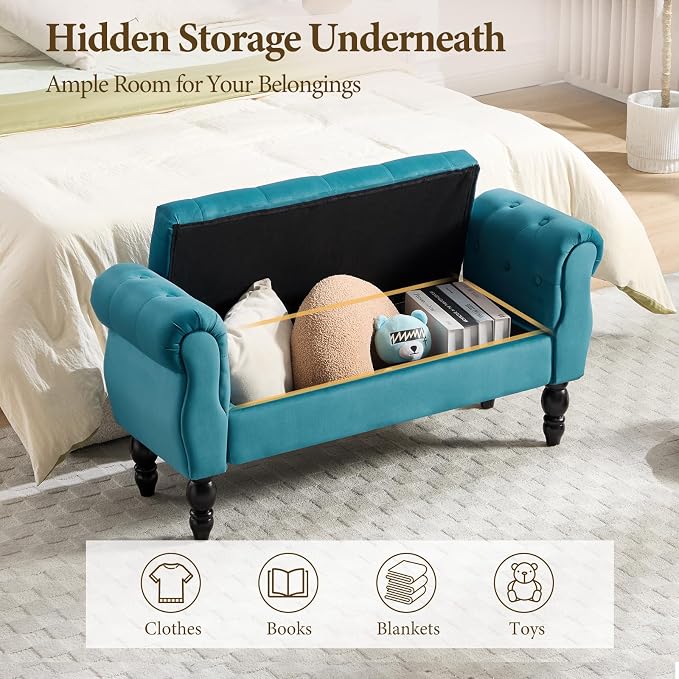 47″ Storage Bench with Arms End of Bed Bench,Velvet Entryway Bench with Storage, Button Tufted Upholstered Ottoman Bench Wood Legs, Window Sitting Bench for Bedroom/Living Room/Hallway, Teal