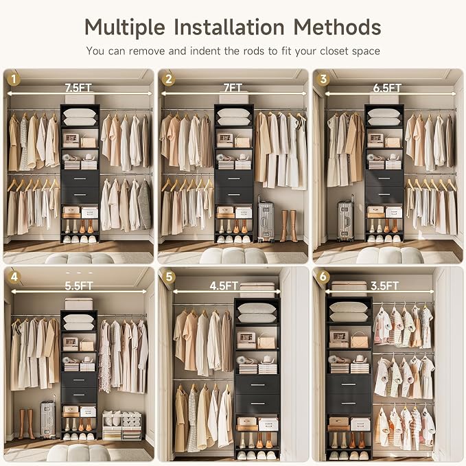 W2 Closet System with 2 Drawers, 3.5FT-7.7FT Closet Organizer System with 4 Chrome-Plated Telescopic Rods & 5 Adjustable Shelves, Custom Wood Walk-In Closet Clothing Rack, Black