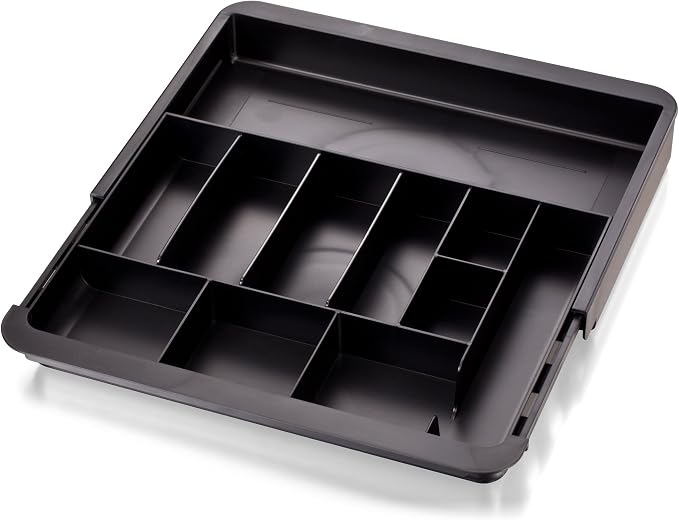 Officemate Expandable Drawer Organizer Tray, Adjustable 10.3"–16" Width, Customizable Compartments with Dividers, Recycled Plastic, Black