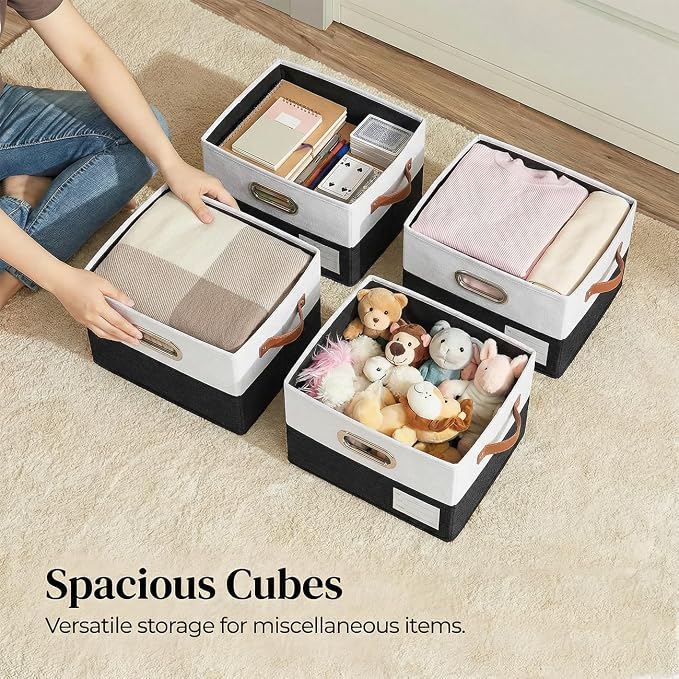 PRANDOM Storage Bins with Lids [3-Pack] Linen Fabric Foldable Storage Boxes Organizer Containers Baskets Cube with Cover for Bedroom Closet Office Black & White（11.4X8.6X6.7