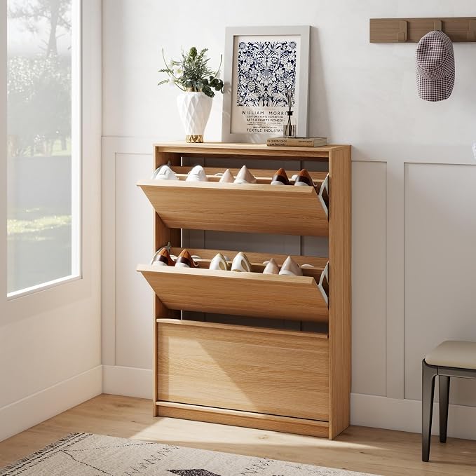 Shoe Cabinet with 3 Flip Drawers, 31.5" W Narrow Shoe Storage Cabinet for Entryway, Slim Shoe Organizer with Adjustable Shelves, Freestanding Shoe Rack for Hallway, Living Room, Oak
