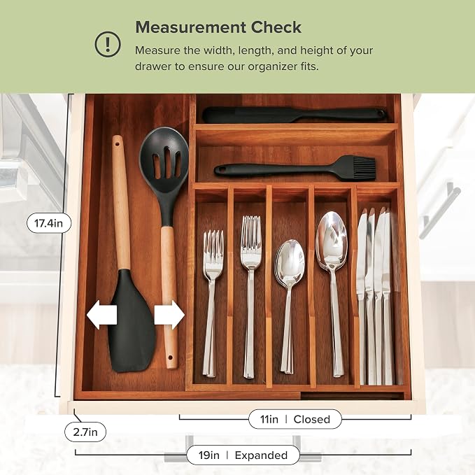 KitchenEdge Silverware & Utensil Drawer Organizer, 10.5-19 in, Acacia | Cutlery, flatware, food-safe contract grade, kitchen drawer fit