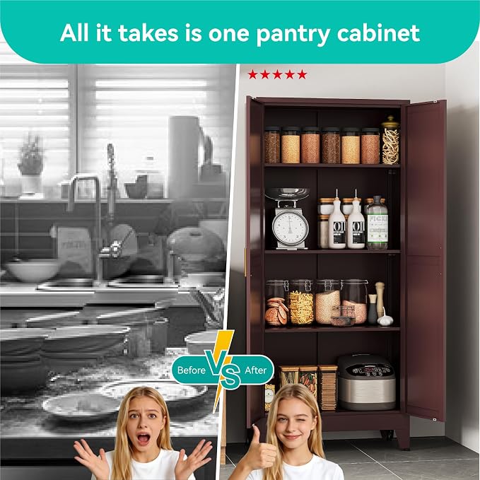 Metal Storage Cabinet with Doors and Adjustable Shelves | 61" Tall Pantry Cabinet for Kitchen Dining Room Bathroom Garage,Reddish Brown,1 Pce