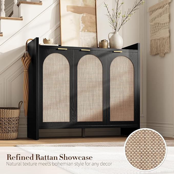 Shoe Cabinet Storage for Entryway - Rattan Accent Cabinet with 3 Doors & Adjustable Shelves, 6-Tier Large Wood Shoes Cabinets with Organizer Rack for Entry Way, Hallway, Living Room, Black
