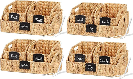 Wicker Baskets for Organizing,Pantry Baskets with Built-in Handles, Handwoven Wicker Storage Basket, Water Hyacinth Storage Bins for Shelves, 3 Pack, Natural 4 Set