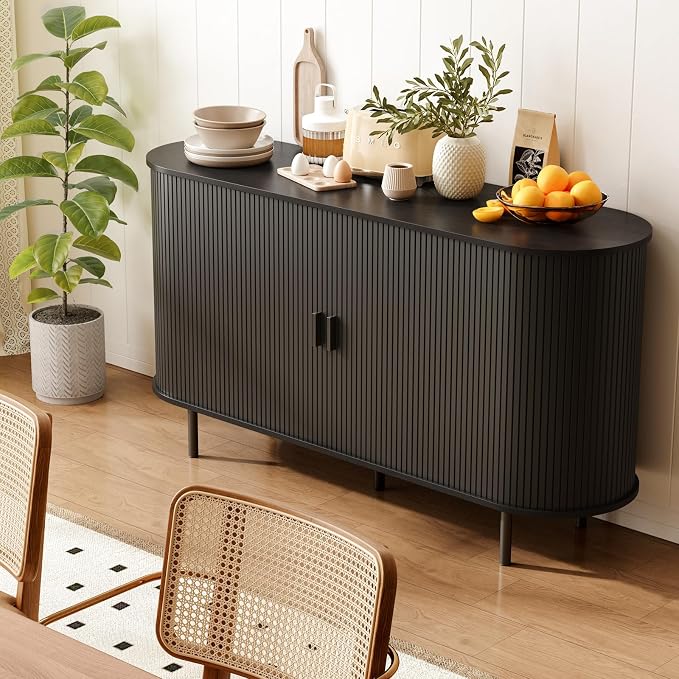 55" Sideboard Buffet Cabinet with Storage, Storage Cabinet with Sliding Door & Adjustable Shelf, Modern Accent Coffee Bar Cabinet Console Table for Kitchen, Entryway, Black