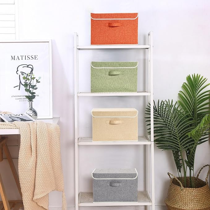Storage Bins with Lid, Foldable Clothing Storage Box case with Handle for Books, Closet, Bedroom, Home, 4 Color Set A, 15L x 10W x 10H inch
