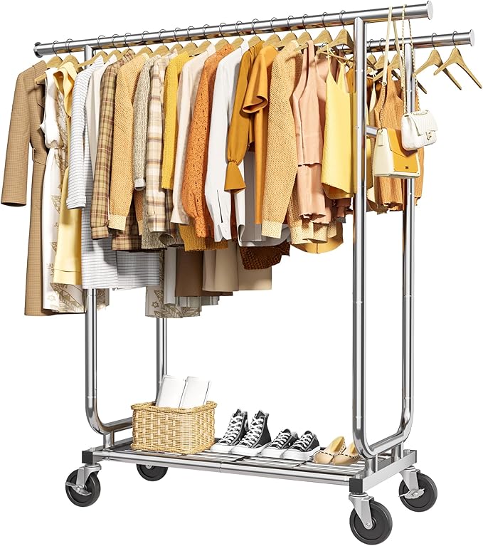 Sakugi Heavy Duty Stainless Steel Rolling Clothes Rack with Mesh Shelf, Lockable Wheels & Anti-Slip Stoppers, Large Capacity Clothing Organizer for Bedroom, Laundry Room, 43.5" x 16.5" x 65.9", Silver