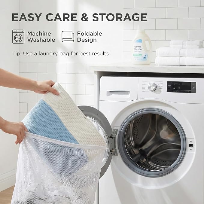 JMvicyroam 65L Extra Large Machine Washable Cotton Rope Blanket Basket | Collapsible laundry hamper, Reinforced handles, For blankets, pillows, toys and clothes, Living room and bedroom, White&Blue