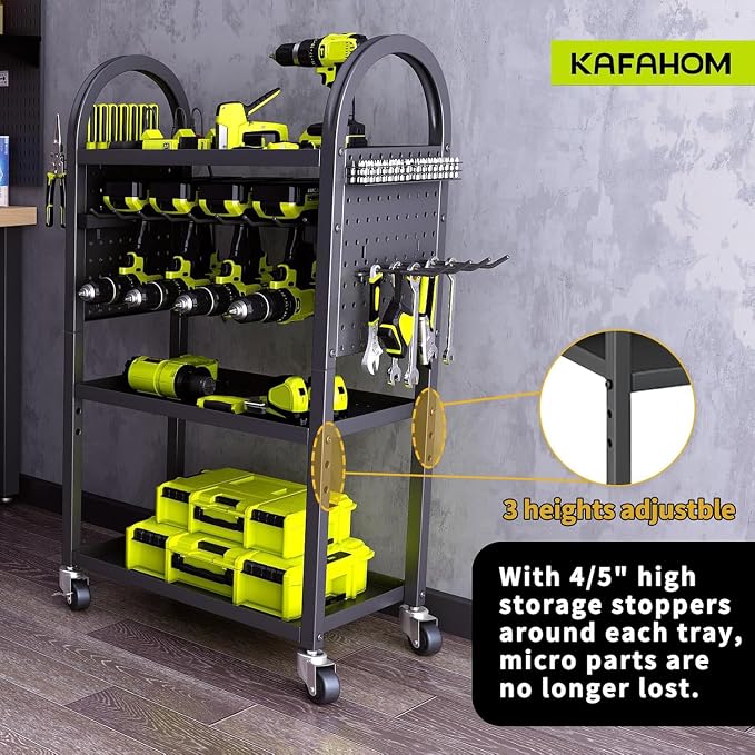 Power Tool Organizer - 4 Tier Rolling Tool Cart with 8-12 Drill Holder,Tool Storage Cart on Wheels - Heavy Duty Metal Utility Tool Shelf for Garage, Workshop, Warehouse & Repair Shop