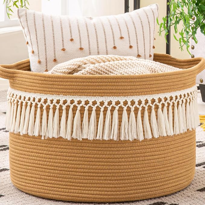 KAKAMAY Large Blanket Basket with Handles, Storage Basket for Living Room | Extra Large Capacity | Natural Cotton Rope | Blanket Storage | Woven Storage Basket | Stuffed Animal Storage | Laundry Basket