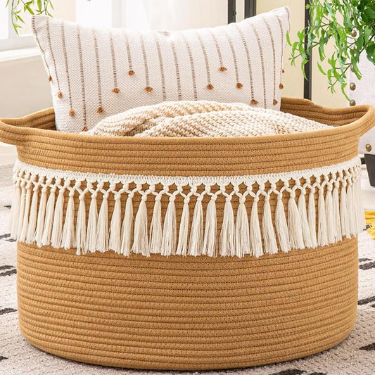 KAKAMAY Large Blanket Basket with Handles, Storage Basket for Living Room | Extra Large Capacity | Natural Cotton Rope | Blanket Storage | Woven Storage Basket | Stuffed Animal Storage | Laundry Basket