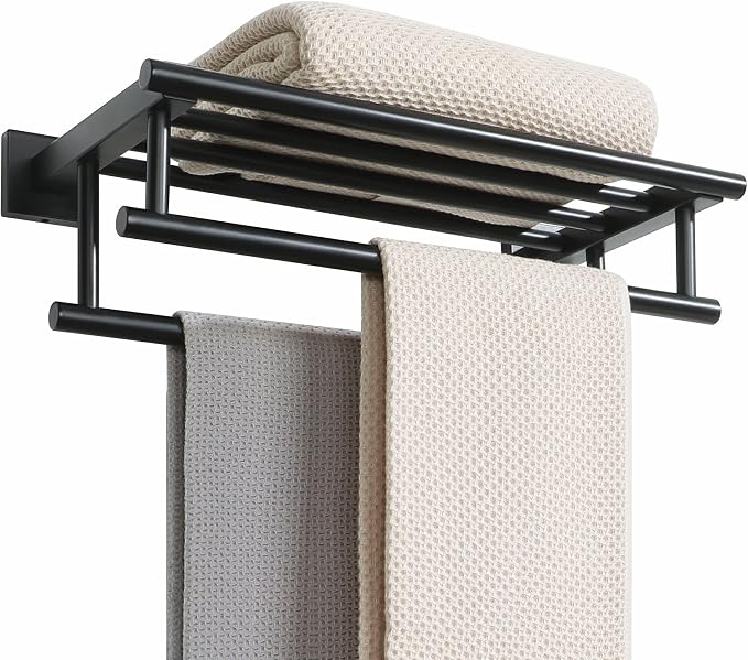 Alise Double Towel Rack for Bathroom Wall Mounted 16 Inch,Matte Black | Bathroom Tower Holder Towel Shelf with Double Towel Bars,SUS304 Stainless Steel Towel Rack with Shelf for Lavatory Kitchen
