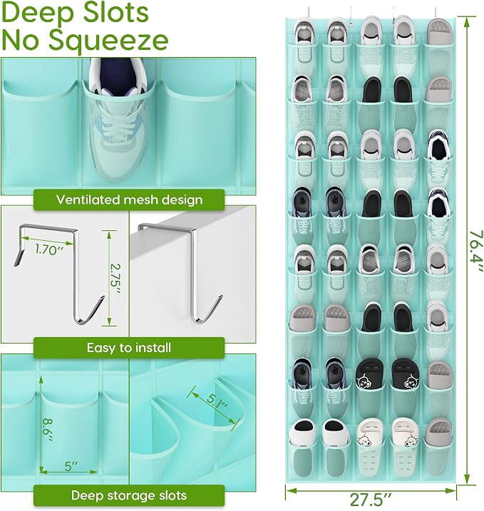 Over the Door Shoe Organizer with 40 Large Breathable Mesh Pockets, Space Saving Shoe Holder, Hanging Shoe Rack for Entryway Bedroom Closet Storage (Mint Blue, 40 Pockets)