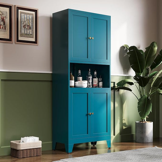 69"H Metal Pantry Cabinet with Microwave Stand,Tall Kitchen Storage Cabinets,Blue Food Pantry Cabinet with 4 Doors and Shelves, Large Hutch Cabinets for Kitchen, Dining Room, Living Room and Bathroom