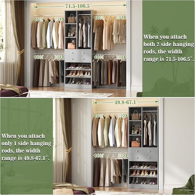 Besiost Closet System, 4.2–8.8 FT Closet Organizer with 2 Wooden Drawers and Shelves, Walk-in Closet System with 5 Hang Rods, Built-in Reach in Closet Tower, Can Fit 60 to 96 inch, Morandi Grey