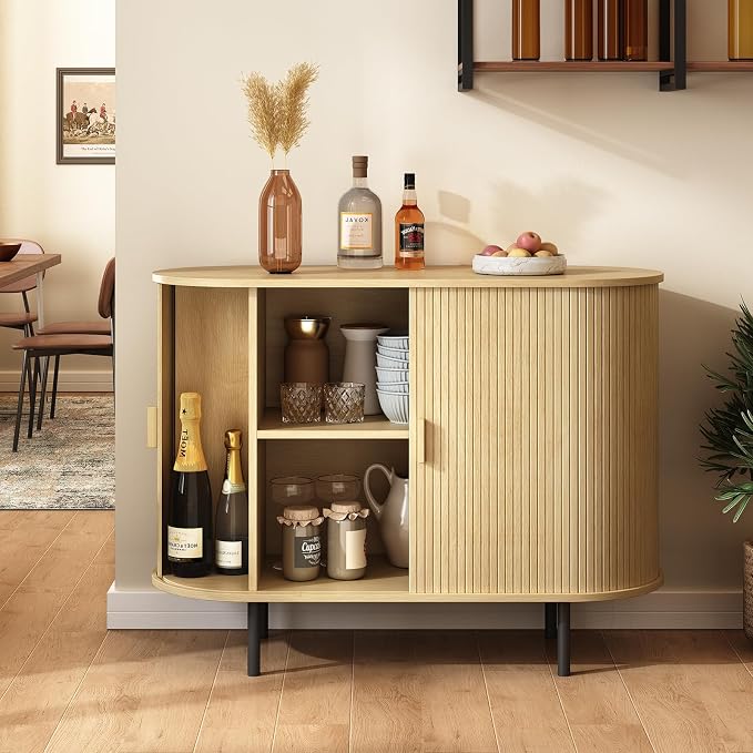 40" Sideboard Buffet Cabinet with Storage, Storage Cabinet with Sliding Door & Adjustable Shelf, Modern Accent Coffee Bar Console Table for Kitchen, Entryway, Oak