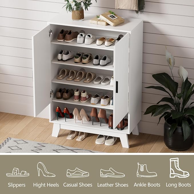 HUANLEGO Shoe Cabinet Storage for Entryway with Doors, White | 5 Tier Fluted Shoe Organizer with Adjustable Shelves, Shoe Storage with Wooden Legs, Freestanding Shoe Rack for Entryway