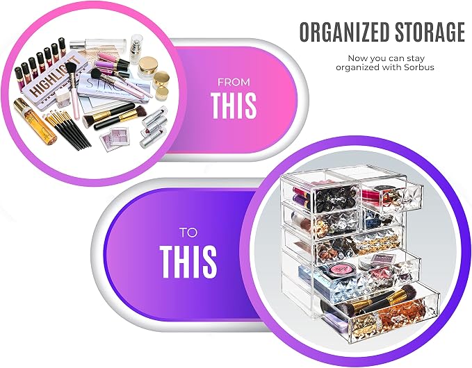 Sorbus Acrylic Makeup Organizer Set, 7-Drawer Vanity & Countertop Cosmetic Storage with Small & Wide Drawers, Diamond Makeup Storage for Brushes, Lipsticks, Jewelry – Holiday Gift for Women & Teens