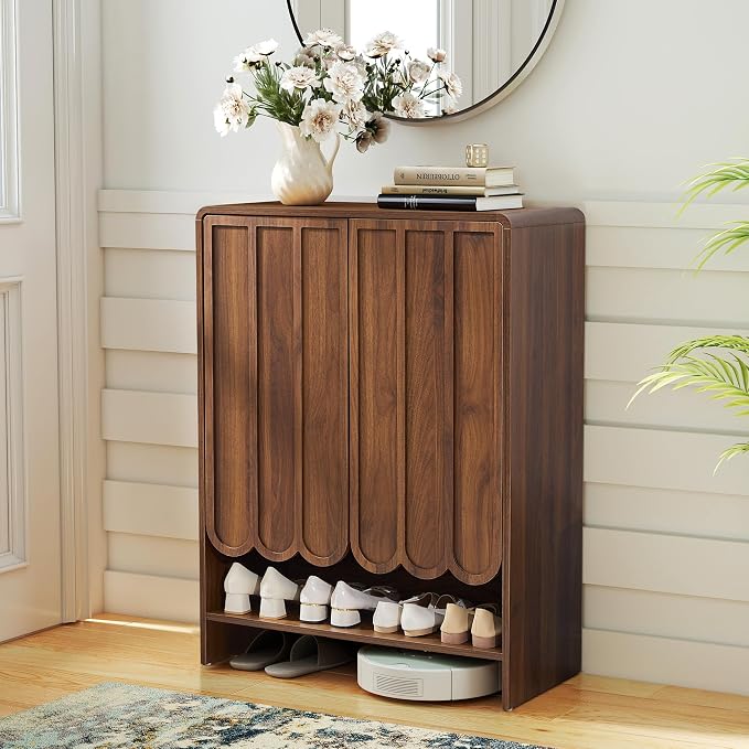 Shoe Storage Cabinet with Scalloped Doors, 5-Tier Wooden Shoe Cabinet with Adjustable Shelves, Shoes Rack Storage Organizer for Entryway, Hallway, Living Room, Walnut