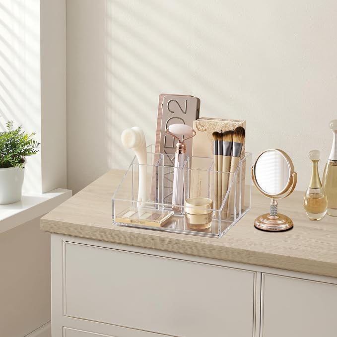 STORi Stackable Desk Organizer, Clear Pen Pencil Makeup Brush Holder for Desktops and Vanities, 6 Compartment Caddy (Made in USA)