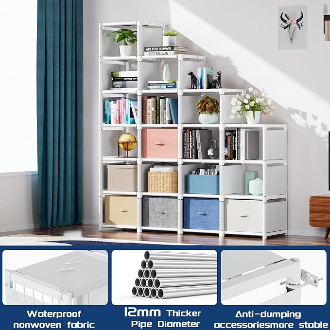 Mavivegue Book Shelf, 20 Cube Storage Organizer, DIY Bookcase, Metal Cube Bookshelf, Tall Book case for Bedroom, Living Room, Office, Closet Storage Organizer, Black Cubicle Storage Rack-White
