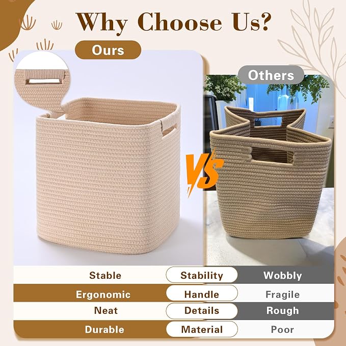 13 Inch Storage Cubes, 3 Pack Cube Storage Bins for Organizing, Cotton Rope Woven Baskets for Shelves, Bathroom, Kids Room, Closets, Baby Nursery