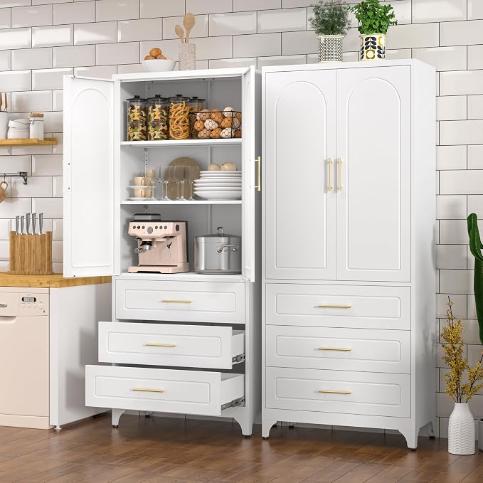 Polup 75" Tall White Metal Pantry Storage Cabinet with 3 Drawers | Heavy-Duty Steel Kitchen Cabinet, 2 Adjustable Shelves & Magnetic Doors, Leveling Feet, for Dining Living Room, Laundry