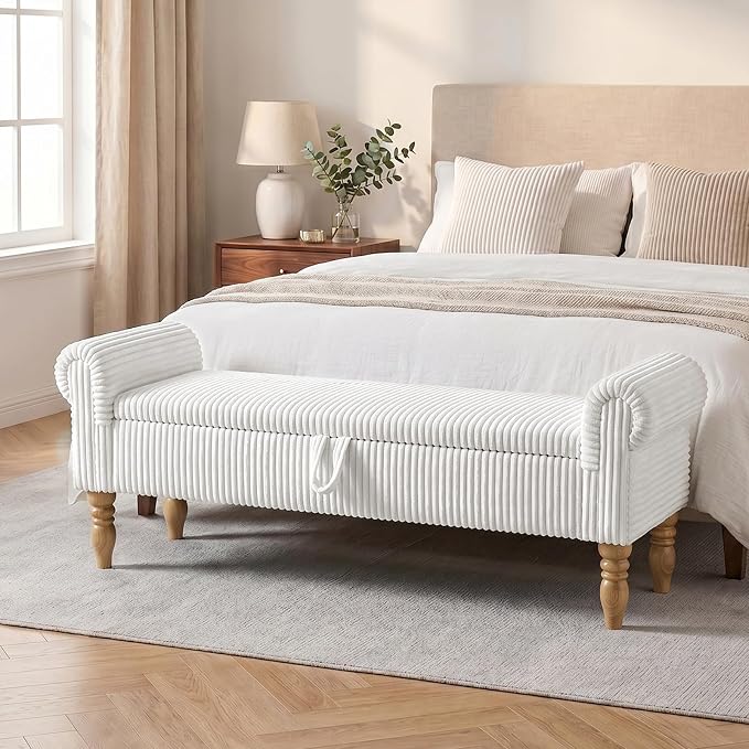 60" Storage Bench for Bedroom,End of Bed Bench with Storage | Corduroy King Size Bench with Rolled Arms,Storage Ottoman Benches for Living Room,Entryway,Benches for Foot of Bed,White