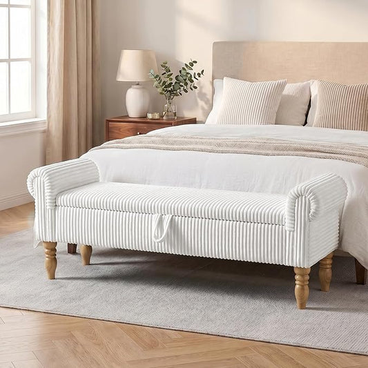 60" Storage Bench for Bedroom,End of Bed Bench with Storage | Corduroy King Size Bench with Rolled Arms,Storage Ottoman Benches for Living Room,Entryway,Benches for Foot of Bed,White