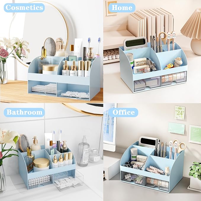 COMFYROOM Desk Accessories with Pen Holder, Office Supplies Desk Organizers and Accessories, Tape Dispenser, Stapler, Staple Remover, Staples, Clips Set, Ruler, Scissor, Pen, Tape (Blue)